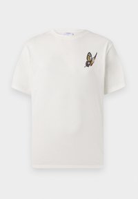 White cotton t-shirt with a crew neckline, featuring an embroidered butterfly design in multicolored tones on the left chest area.