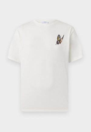 White cotton t-shirt with a crew neckline, featuring an embroidered butterfly design in multicolored tones on the left chest area.