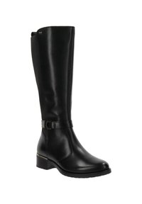Botas de cuero negras hasta la rodilla con un acabado suave. Cuentan con un tacón plano, una hebilla decorativa y paneles elásticos en los laterales para un mejor ajuste.
