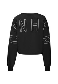 Black cropped sweatshirt with long sleeves, featuring large white text "N H" and graphic accents on sleeves, made of soft fabric.