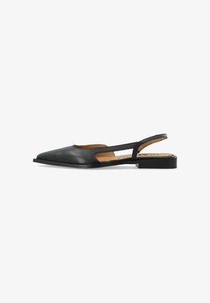 Ballerine noire à bout pointu avec côtés ouverts et bride arrière, petit talon, finition en cuir lisse sur fond blanc.