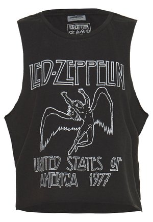 Zwarte mouwloze katoenen tanktop met een witte grafische print van een engel en tekst: "LED ZEPPELIN UNITED STATES OF AMERICA 1977."