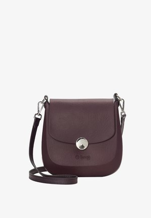 Kleine donkerpaarse crossbodytas met klep, zilveren draaisluiting en afneembare verstelbare band.