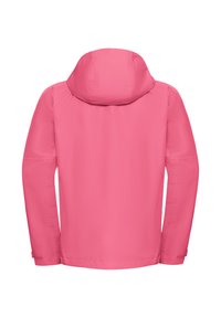 Lichtgewicht roze jack met een capuchon, gladde textuur, lange mouwen en verstelbare manchetten. Eenvoudig ontwerp, geen zichtbare hardware of accenten.