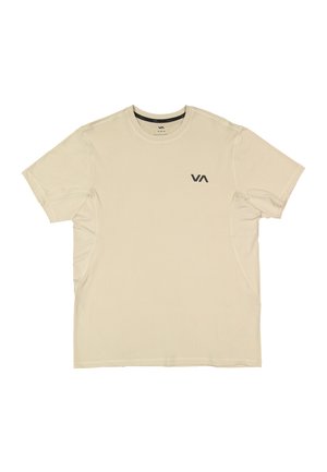 T-shirt de sport beige à manches courtes avec col rond, petit logo noir "VA" sur la poitrine gauche et panneaux latéraux en mesh.