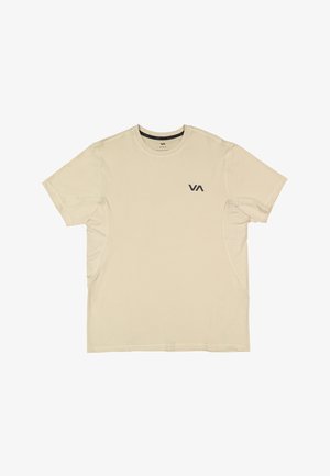 T-shirt de sport beige à manches courtes avec col rond, petit logo noir "VA" sur la poitrine gauche et panneaux latéraux en mesh.
