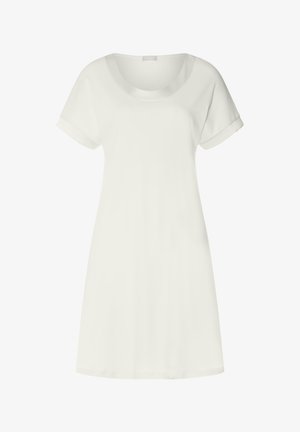 Vestito bianco a maniche corte con scollo a U e risvolti sulle maniche. Realizzato in tessuto morbido, con silhouette ampia a linea ad A.