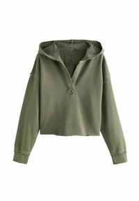 Olijfgroene cropped hoodie gemaakt van zachte stof, met een voorplacket, een capuchon met trekkoord en onafgewerkte randen op de manchetten en de zoom.