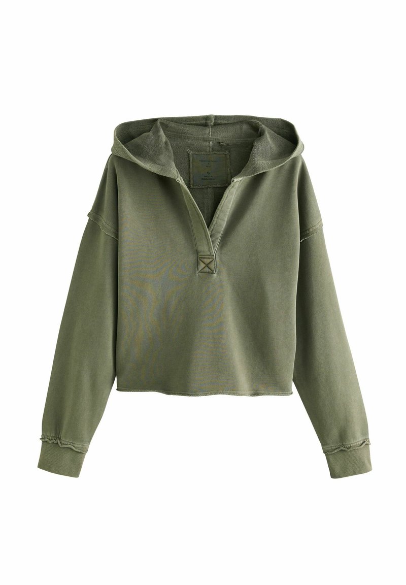 Olijfgroene cropped hoodie gemaakt van zachte stof, met een voorplacket, een capuchon met trekkoord en onafgewerkte randen op de manchetten en de zoom.