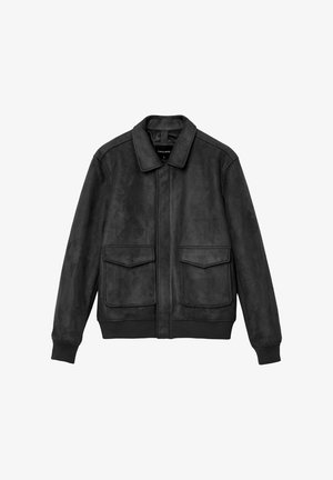 Veste bomber en daim gris foncé avec col, fermeture éclair frontale, deux poches à rabat et poignets et ourlet côtelés.