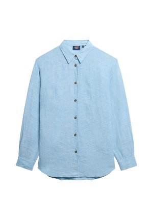 Lichtblauw overhemd met knopen, gemaakt van textuurstof. Heeft een puntige kraag en zeven bruine knopen aan de voorkant. Lange mouwen.