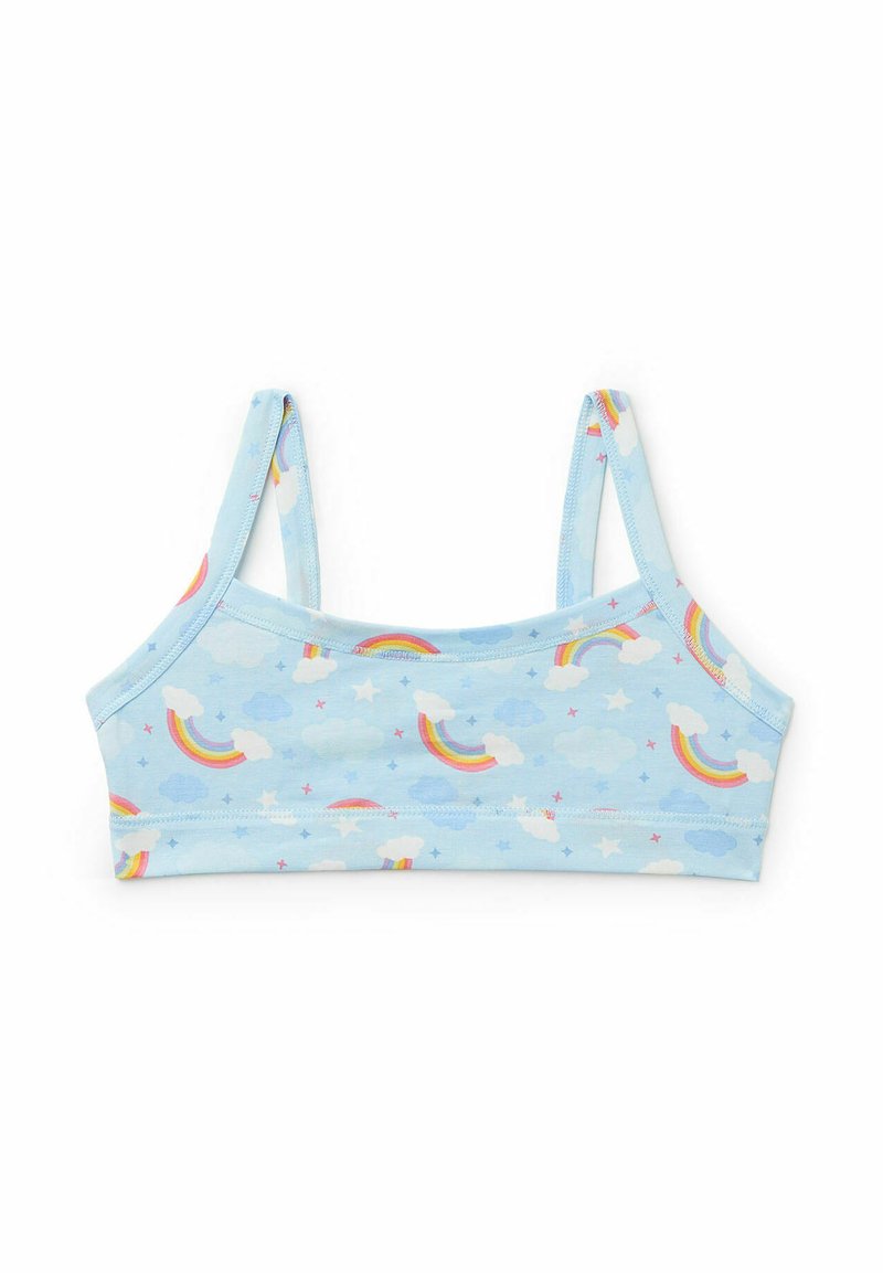 Modrá braletka s duhovým a obláčkovým vzorem, s nastavitelnými ramínky, měkkou tkaninou a elastickým páskem dole pro podporu.