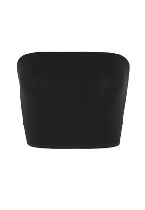 Zwarte strapless crop top gemaakt van een gladde stof, met een ribbelrand voor extra textuur en een getailleerd ontwerp. Geen zichtbare bevestigingsmaterialen of patronen.