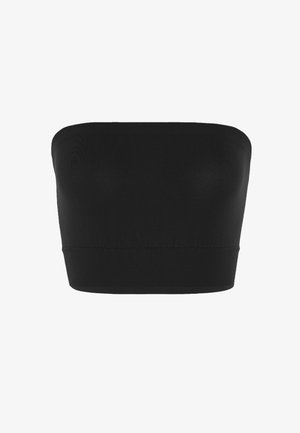 Sort strapless crop top lavet af glat stof, med en ribbet kant for ekstra tekstur og tætsiddende design. Ingen synlige hardware eller mønstre.