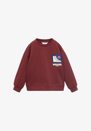 Weinroter Sweatshirt mit Rundhalsausschnitt, mit kleinem quadratischem Motiv und dem Wort „WEEKEND“ auf der linken oberen Brustseite.