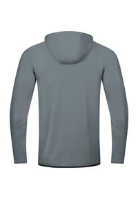 Felpa grigia con cappuccio, maniche lunghe, pannelli testurizzati sulle spalle, tessuto morbido del corpo e orlo leggermente curvato.