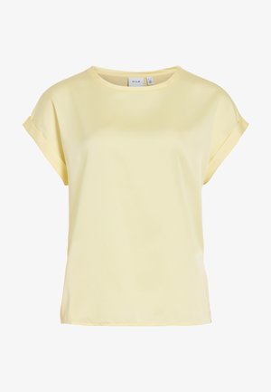 Hele kollase värviga lühikeste varrukatega pluus rullitud mansettide ja ümar kaelusega, valmistatud siledast kangast, brändi VILA sildiga krae sees.