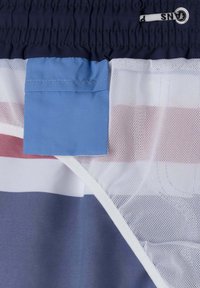 Mornarska elastična hipertenzija s plavom tekstilnom zakrpom; dio višenamjenskog odjevnog predmeta koji sadrži pruge u svijetloplavoj, ružičastoj i sivoj mrežastoj tkanini.