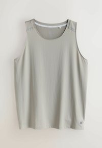 Débardeur de sport gris clair sans manches avec encolure ronde et détails réfléchissants subtils sur les bretelles.