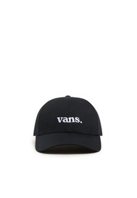 Cappellino da baseball nero in cotone con visiera curvata e logo "vans." ricamato in bianco sulla parte frontale. Design semplice, senza motivi aggiuntivi.