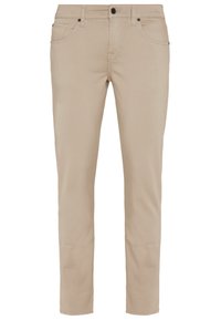 Beige Baumwollhose mit geradem Schnitt. Fünf-Taschen-Design, Knopfverschluss und dezente Nähte. Glatte Textur, minimaler Einsatz von Hardware.