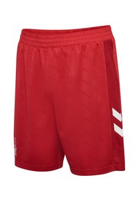 Rote Sportshorts aus leichtem Stoff mit elastischem Bund, glatter Textur und weißen Logo-Akzenten an der Seite.