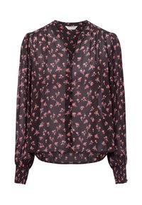 Black blouse with long sleeves, featuring a floral print in pink and red. Button-down front and gathered cuffs for added texture.
