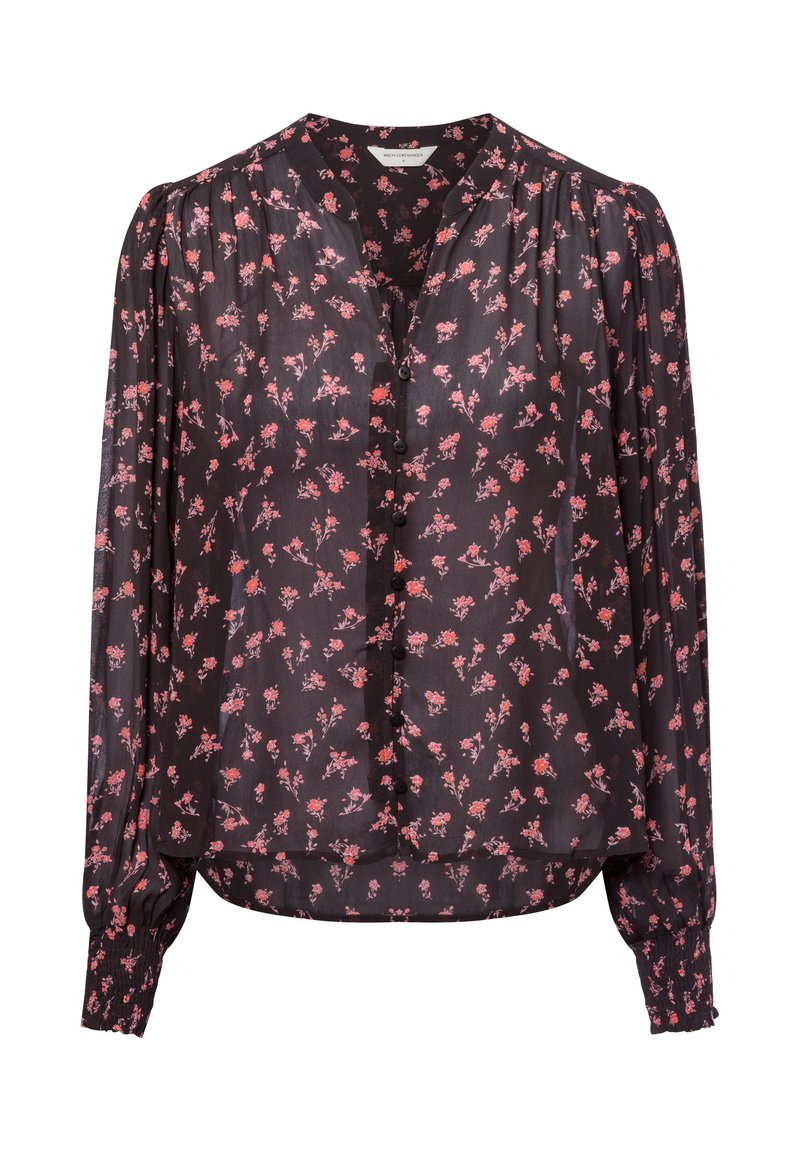 Black blouse with long sleeves, featuring a floral print in pink and red. Button-down front and gathered cuffs for added texture.
