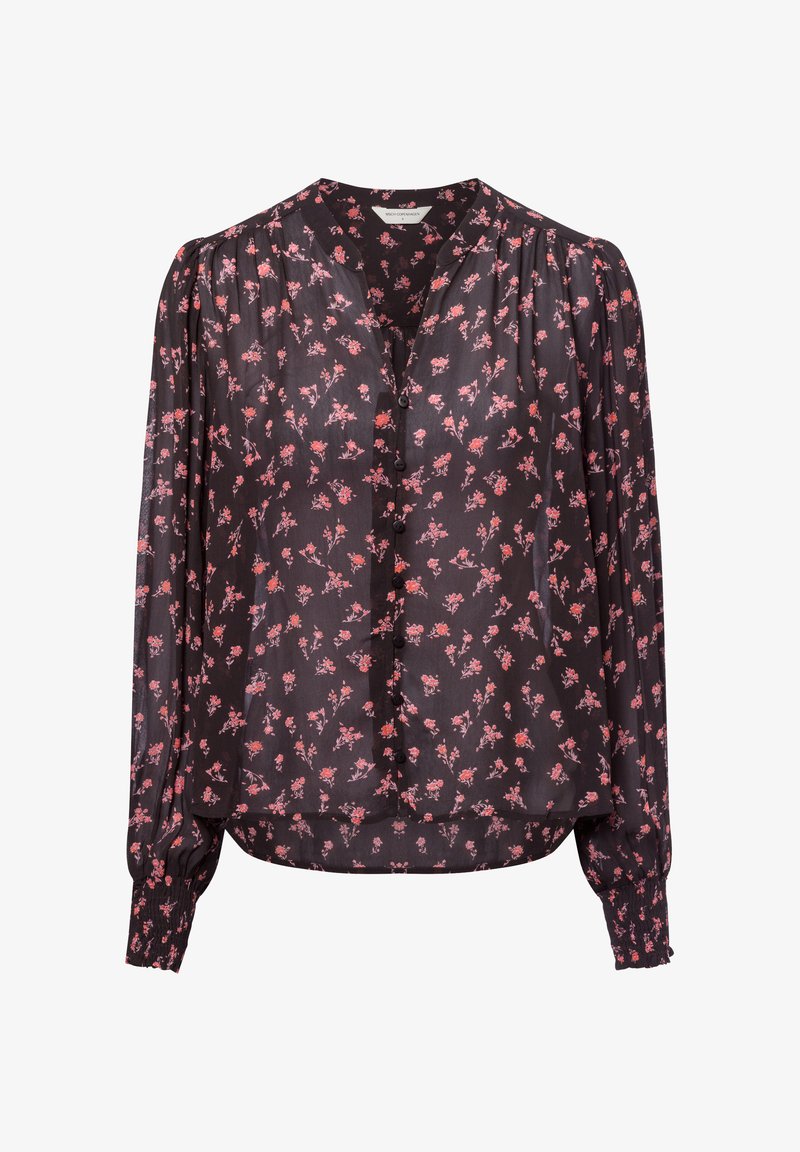 Black blouse with long sleeves, featuring a floral print in pink and red. Button-down front and gathered cuffs for added texture.