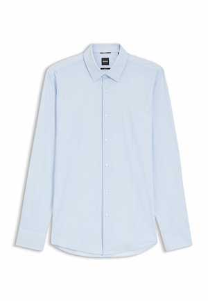 Light blue long-sleeve shirt with a checkered pattern, button-down collar, and front button closure. Made from a smooth fabric. Rounded hem.