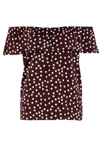 Burgundin off-the-shoulder paita, jossa on valkoisia pilkkuja, rypytetty pääntie ja mitoitettu vartalo. Pehmeä, joustava puuvillamateriaali.