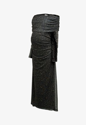 Fekete hosszú ruha, vállnélküli, ráncolt dekoltázzsal, leopárdmintás, texturált anyagból készült, hosszú ujjaival.