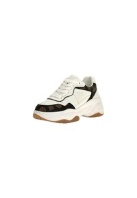 Sneaker da uomo con punta e zona lacci in pelle bianca, lati in tessuto nero con un motivo e suola in gomma bianca imbottita.