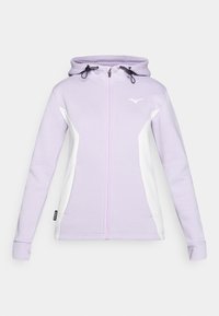 Fialová fleecová bunda s kapucňou a bielym panelovým dizajnom. Má predný zips a šnúrky pri kapucni, s elastickými manžetami.