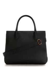 Sac fourre-tout en cuir noir avec des poignées supérieures doubles et une bandoulière ajustable. Présente une surface texturée et un logo de marque en relief sur le devant.