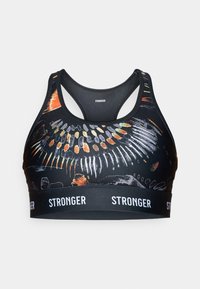 Soutien desporto preto com padrão gráfico colorido apresentando formas semelhantes a ossos, design de costas de nadador e faixa elástica larga com o logótipo "STRONGER".