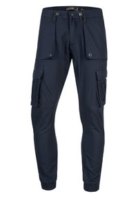 Marine cargopantalon in een lichtgewicht stof met elastische boorden, een taille met trekkoord en meerdere zakken met drukknoopsluitingen. Structuurdesign.
