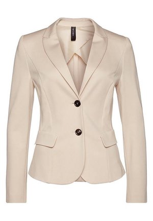 Beiger taillierter Damenblazer mit zwei vorderen Knöpfen, Kerbkragen, langen Ärmeln und Pattentaschen.