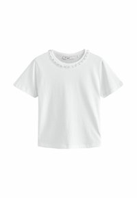 Witte T-shirt met korte mouwen van katoen, voorzien van een decoratieve, gestructureerde kraag. Eenvoudig ontwerp met een rechte snit en zachte stof.