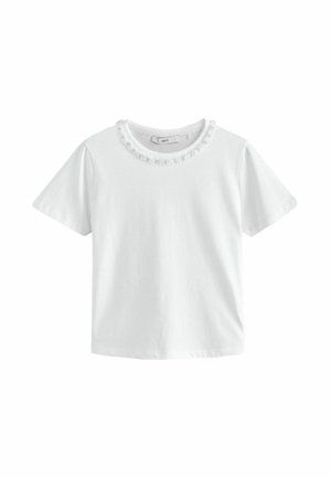T-shirt blanc à manches courtes en coton, avec un col décoratif et texturé. Design simple avec une coupe droite et un tissu doux.