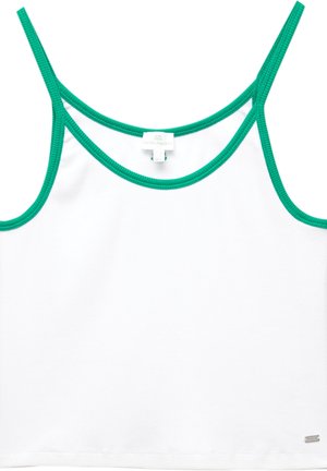 Witte tanktop met groene accenten. Heeft dunne spaghettibandjes, een ronde halslijn en een label met "Pacific Republic" zichtbaar aan de binnenkant.