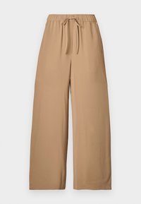 Παντελόνια με φαρδιά καβάλο σε ανοιχτό καφέ χρώμα, κατασκευασμένα από λείο υλικό. Διαθέτουν ελαστική μέση με ρυθμιζόμενο κορδόνι.