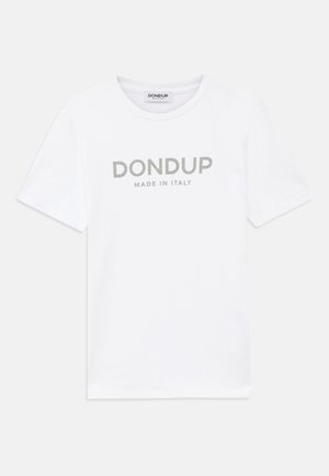 White cotton t-shirt with round neckline and short sleeves. Features grey printed text "DONdup MADE IN ITALY" across the chest.