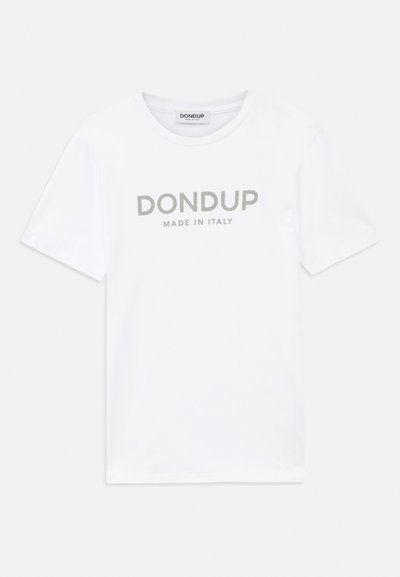 White cotton t-shirt with round neckline and short sleeves. Features grey printed text "DONdup MADE IN ITALY" across the chest.