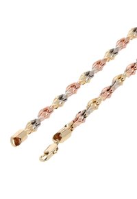 Trojitý řetěz s propletenými články zlaté, stříbrné a růžově zlaté barvy, s lesklým povrchem a sponou ve tvaru humra.