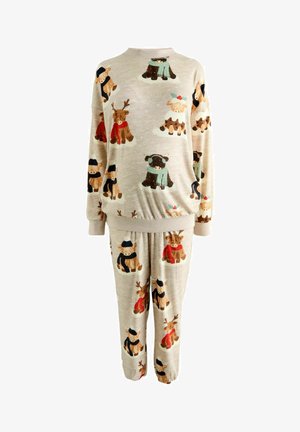 Beige pyjamapakket met lange mouwen en speelse prints van winterdieren, waaronder rendieren en koeien die sjaals, hoeden en oordopjes dragen.