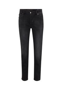 Schwarze Denim-Jeans mit schmaler Passform, ausgestattet mit einem klassischen Fünf-Taschen-Design und subtilen Waschungen auf der Vorderseite. Mit silberner Knopfverschluss.