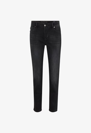 Schwarze Denim-Jeans mit schmaler Passform, ausgestattet mit einem klassischen Fünf-Taschen-Design und subtilen Waschungen auf der Vorderseite. Mit silberner Knopfverschluss.