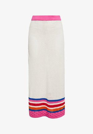 Kötött midi szoknya fehér színben, rózsaszín bordás derékkal. A szegélyén piros, kék és narancssárga színű, multicolorcsíkos mintázat található. Könnyű anyag.