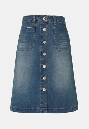 Denim A-lijn rok met knoopsluiting aan de voorkant, twee voorzakken, broekriemlussen en een verweerde wassing.